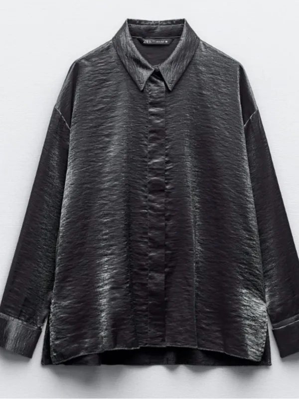Zara Shiny Charcoal Black Satin Button-Up Shirt - Image 3