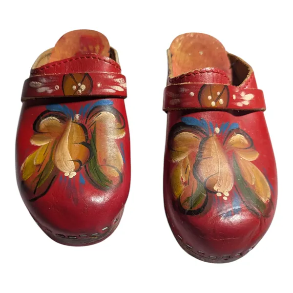 Vtg 1970s Holie Red Leather Hand Painted Wooden Sole Swedish Clogs Sz 36 5.5 - Image 2