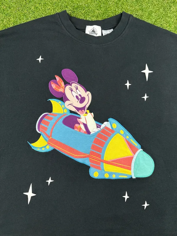 Disney Mouse Black crewneck sweatshirt featuring Minnie Mouse in a rocket ship with stars. - Image 3