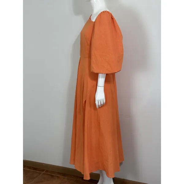 Showpo Rhyne Midi Dress Orange Asymmetric Puff Sleeve Side Cut Out A Line 12 NWT - Image 2