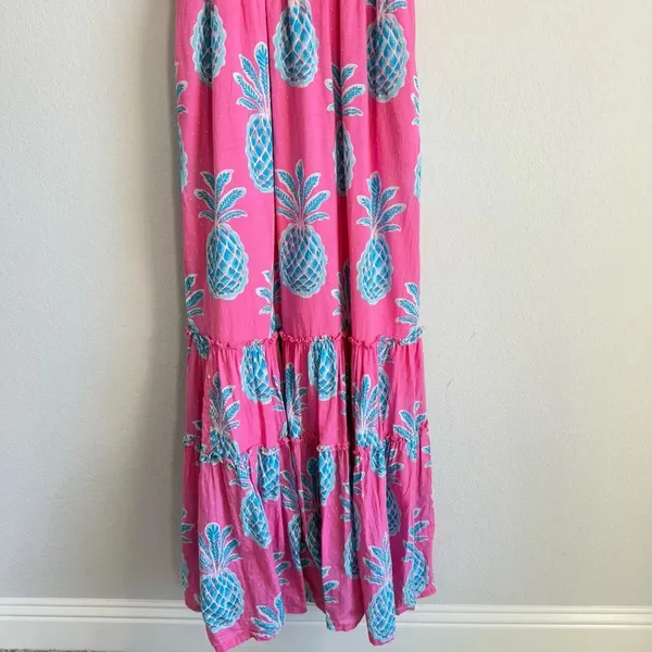 Crown & Ivy Women’s Dress M Pink Blue Pineapple Swiss Dot Smocked Maxi Beach - Image 7