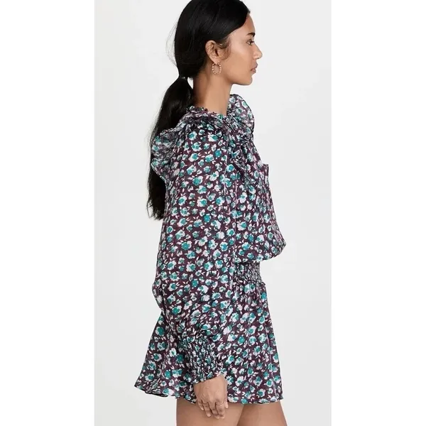 RAMY BROOK Silk Penelope Dress Roco Floral Mini Ruffled Smocked Purple Teal XS - Image 5