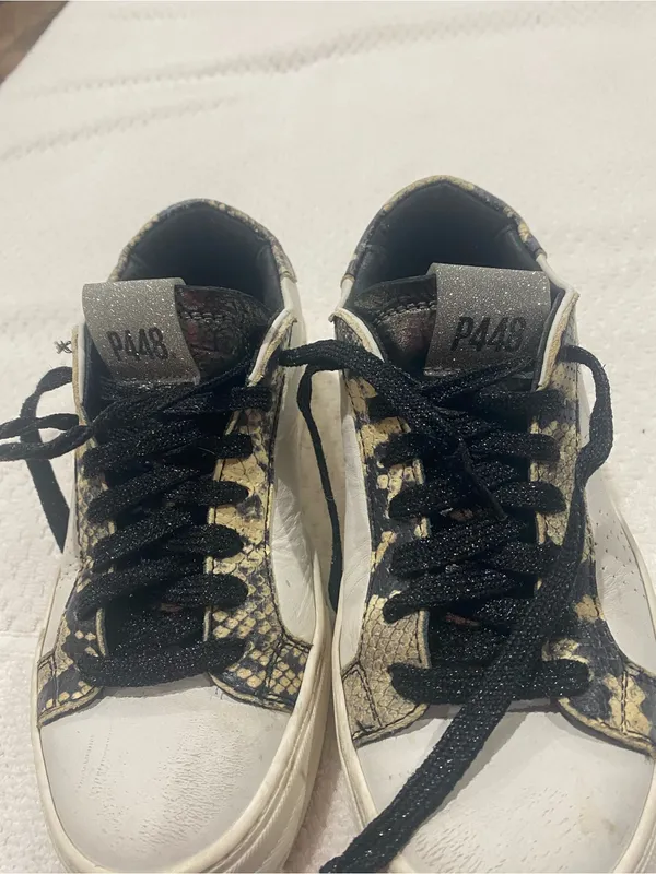P448 Black and Cream Snake-Print Low Top Sneakers - Image 6