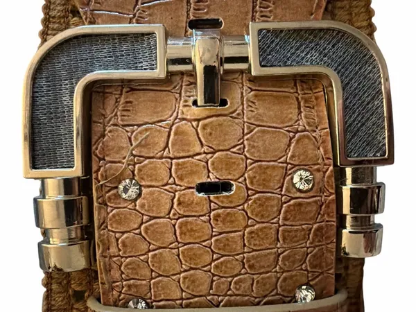 Wide Brown Braided Faux-Croc Stretch Belt with Buckle - Image 2