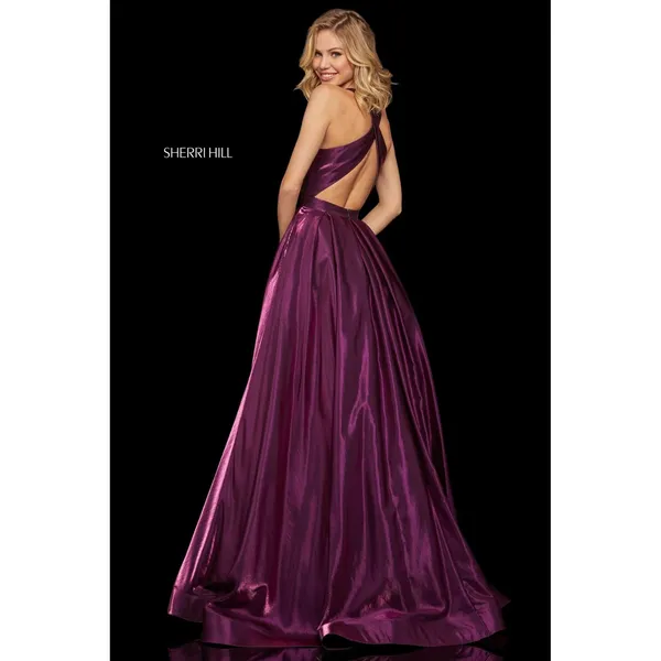 Sherri Hill 52958 Dark Purple Satin Shimmer Ball Gown Open Back Size‎ 4 NWT - Image 2