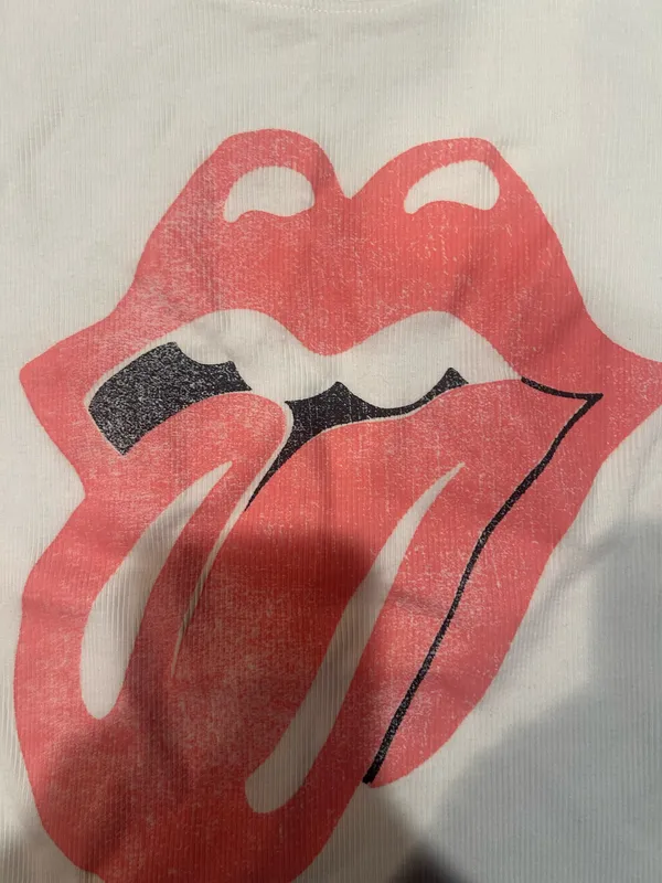 The Rolling Stones Band Tee Shirt White Ribbed Cropped Intentionally Faded Small - Image 2