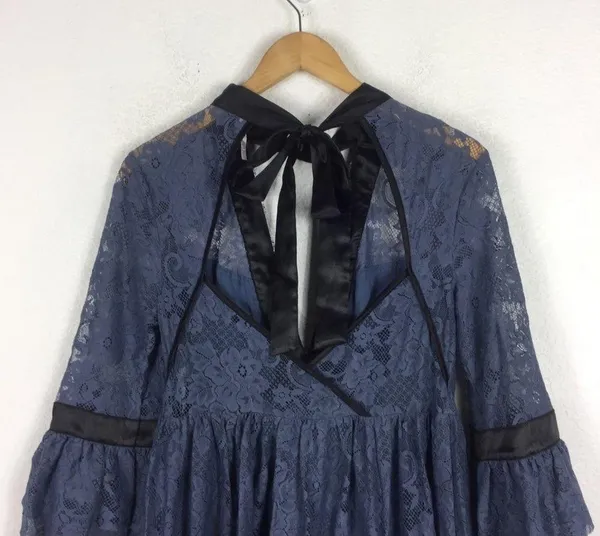 NWT Free People Gilded Lace Victorian Dusty Blue Bow Tunic Mini Dress Small - Image 13
