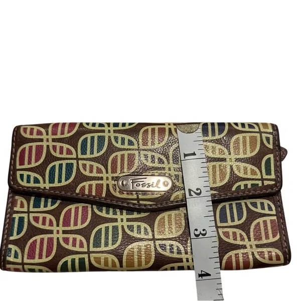 Fossil Leather Checkbook Wallet Brown‎ Retro Print Bifold - Image 5