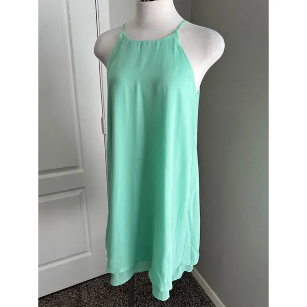Pink Rose| Mint Green Halter Neck Sleeveless Casual Dress Flowy Layered‎ Hem S - Image 4