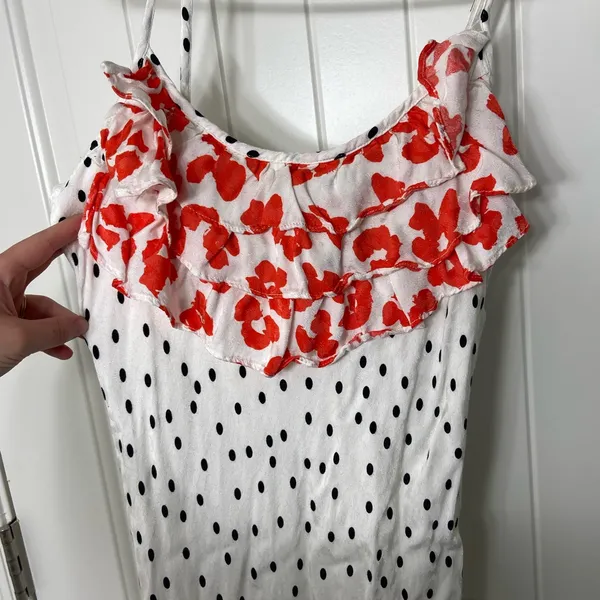 EUC RIXO women’s basketball team white cream black polka dot‎ ruffle lined dress - Image 2