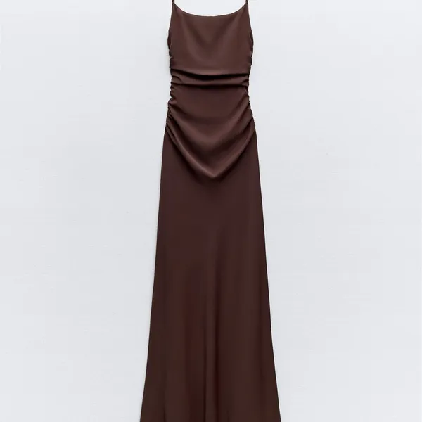 NWT Zara brown open-back maxi dress with back ruching size large - Image 14