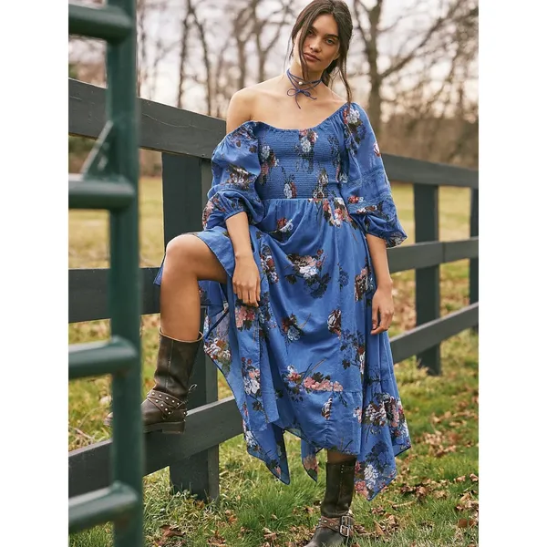 Free People Bohemian Witchy Fairy Morning Glory Maxi Dress Bluebell Size Large - Image 2