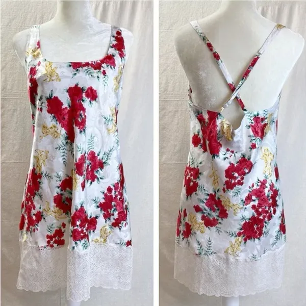 NWOT Vintage Victoria’s Secret Gold Label Rose Cherub Lace Slip Satin Chemise - Image 2
