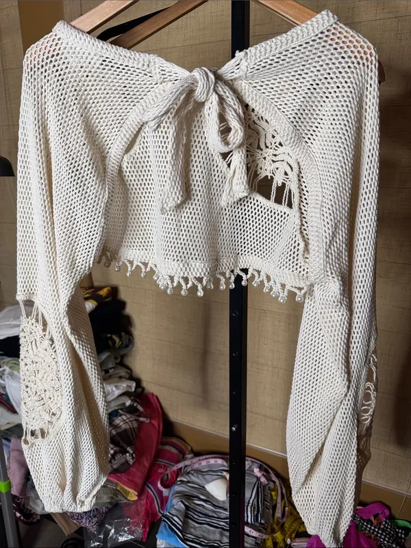 By Anthropologie Pearl Embellished Crochet Shrug Sweater Cream XS/S - Image 12