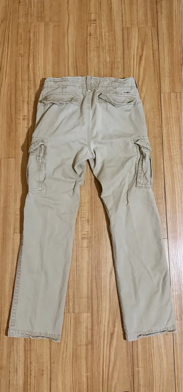 Hollister Men's Cargo Pants Beige Cotton Canvas Button Regular Fit Straight Leg - Image 6