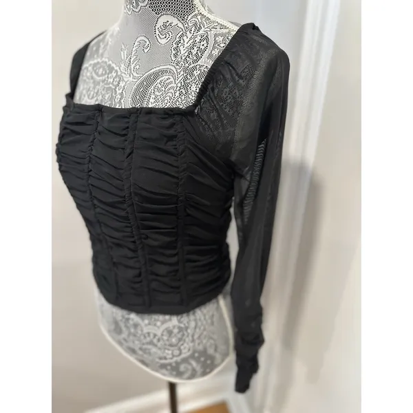 Jolie and Joy Women Sz:L Cropped Ruched Black Bodice Stretch Sheer Mesh Sleeves - Image 9