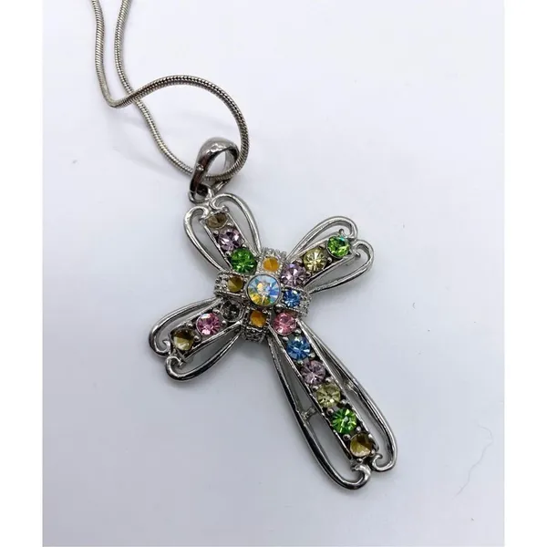 colorful rhinestone cross pendant necklace brushed antique silver - Image 4