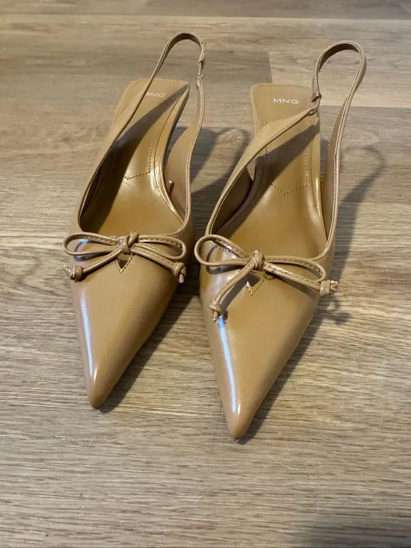 Mango MNG Patent Bow Pointed Toe Slingback Kitten Heels Camel EU 39 US 8.5 - Image 4