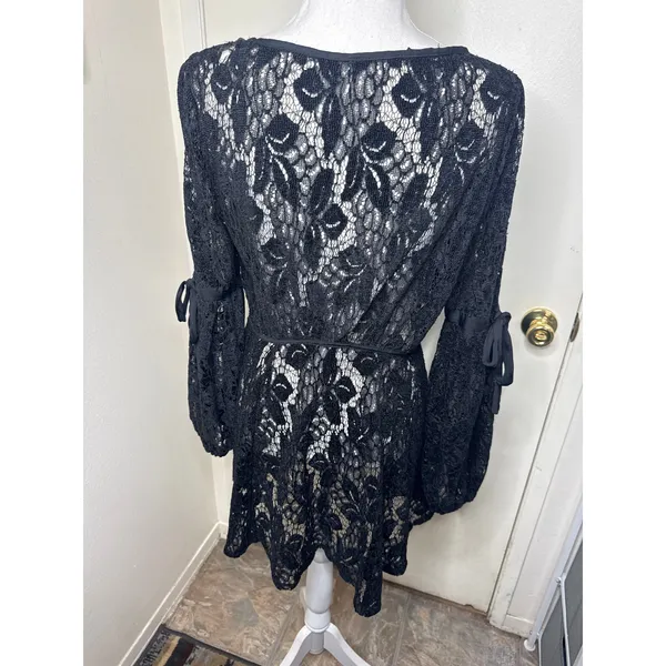 Free People Ruby Black Lace Mini Dress – Whimsigoth Boho Statement Sleeves Sz S - Image 4