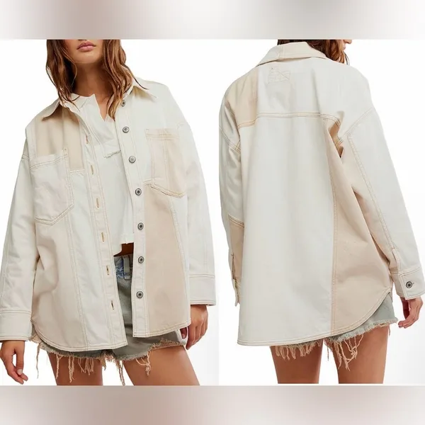NEW FREE PEOPLE Ivory Mountain Roads Denim Button-Up ivory combo Shirt jacket L - Image 2