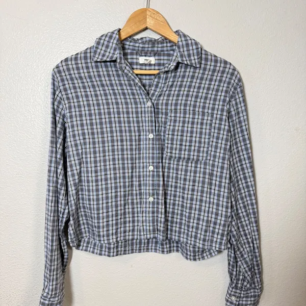 Aerie Plaid Cropped Button Up Shirt Womens XS Blue‎ Grey Long Sleeve Casual - Image 2