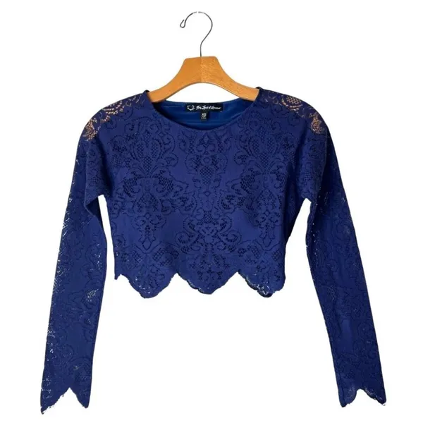 For Love & Lemons Shirt‎ Women XS Blue Long Sleeve Midnight Lace Crop Top Sexy - Image 3