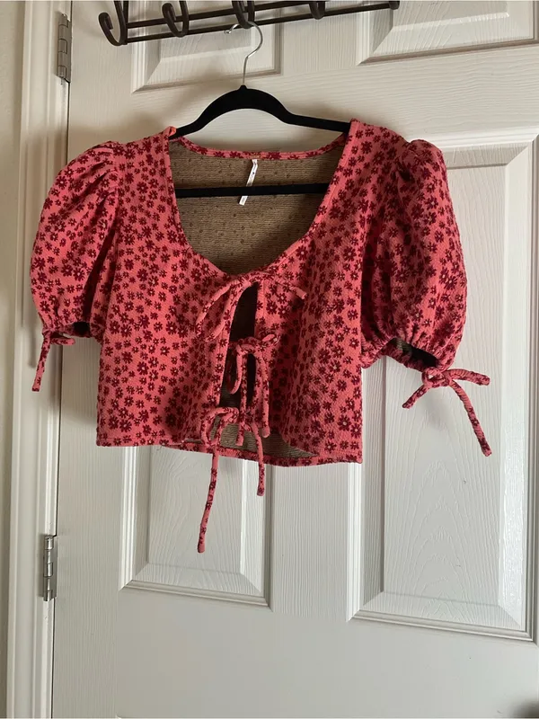 Free People Sweet Sun Top Puff Sleeve Tie-Front Cropped Top size Small - Image 4