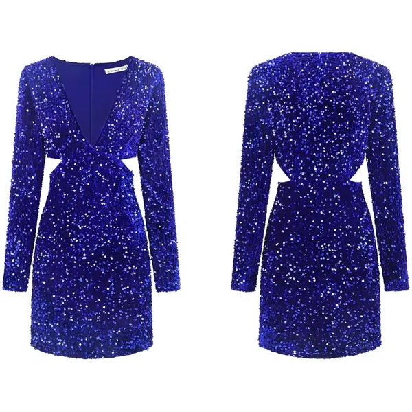NWT R.Vivimos Blue‎ Sequin Velvet Cutout Mini Bodycon Dress Small - Image 4