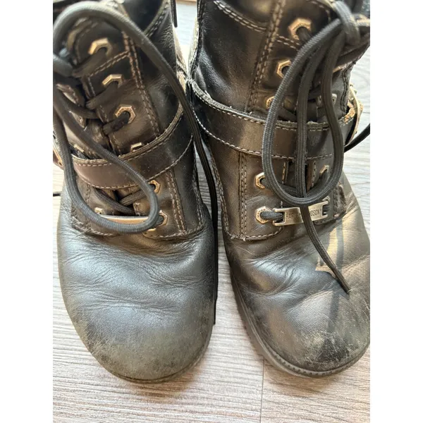 Harley Davidson Womens Black Leather Moto Combat Boots Side Zip Buckle Lug Sole - Image 3