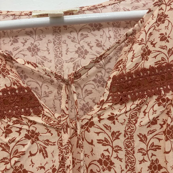 Boho Peasant Blouse M Floral Crochet Lace Tie Neck 3/4 Puff Sleeve Festival - Image 6
