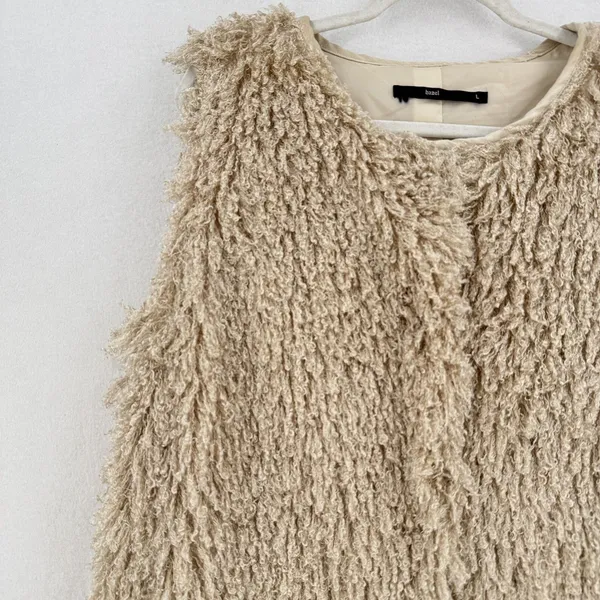 Anthropologie Hazel Long Shaggy Vest L Beige Snap Close Pockets Boho Lagenlook - Image 4
