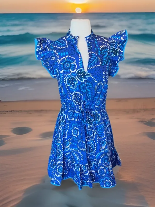 Avara Sloane Bright Blue Dress Flutter Sleeve Drawstring Cinched Waist Mini New - Image 8