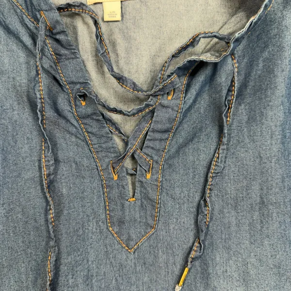 True Religion Large Denim Mini Shirt Dress Lace Up Blue Chambray Cotton Lyocell - Image 5
