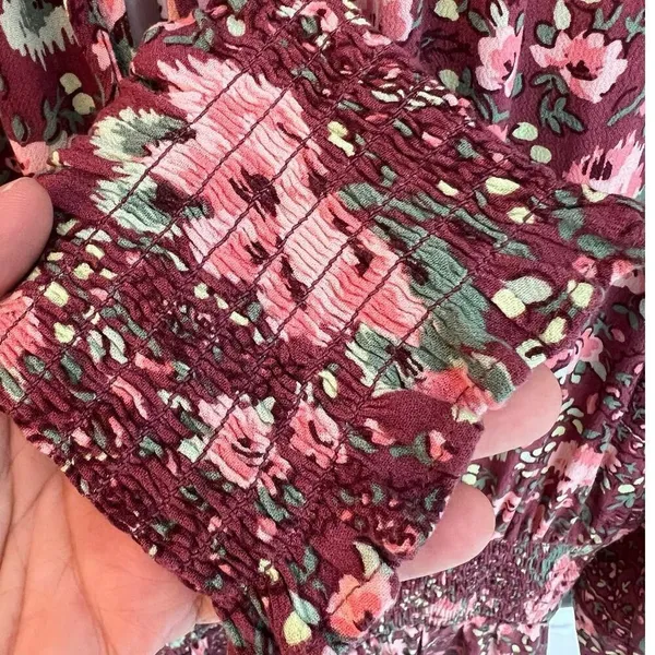 Aerie burgundy floral mini dress, gathered waist & cuffs, size L - Image 9