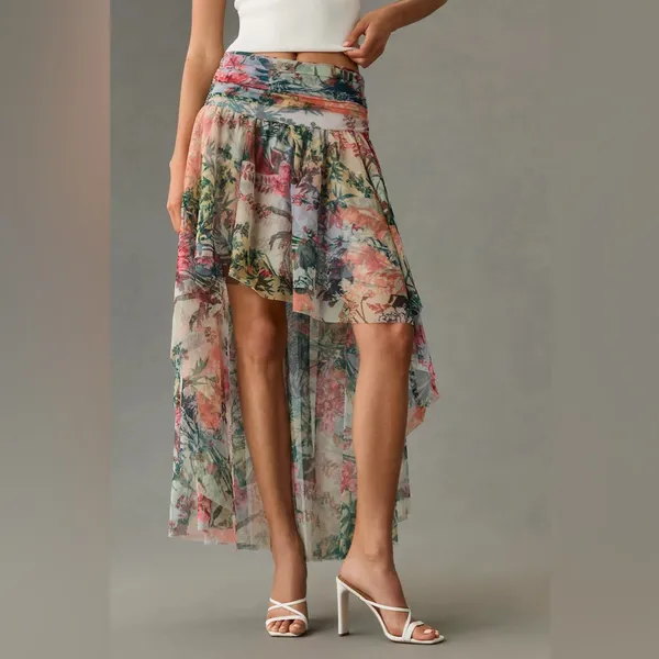 Anthropologie High-Low Tulle Maxi Skirt in Floral Pink Size 16 NWT Garden Party - Image 3