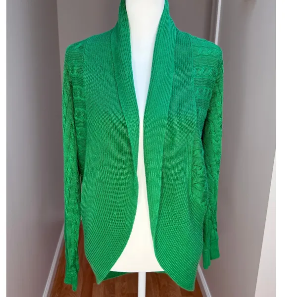 Lauren Ralph Lauren Sweater Cardigan Womens M Green Cable Knit Open Front Preppy - Image 6
