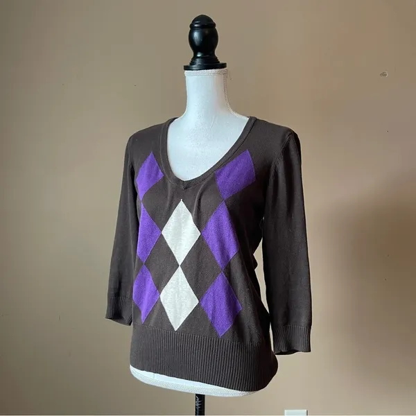 H&M | Brown Argyle Sweater Sz L - Image 3