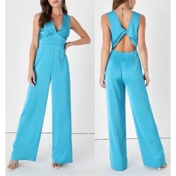 Lulu's Remarkable Style Blue Satin Twist-Back Cutout‎ Wide-Leg Jumpsuit - Image 2