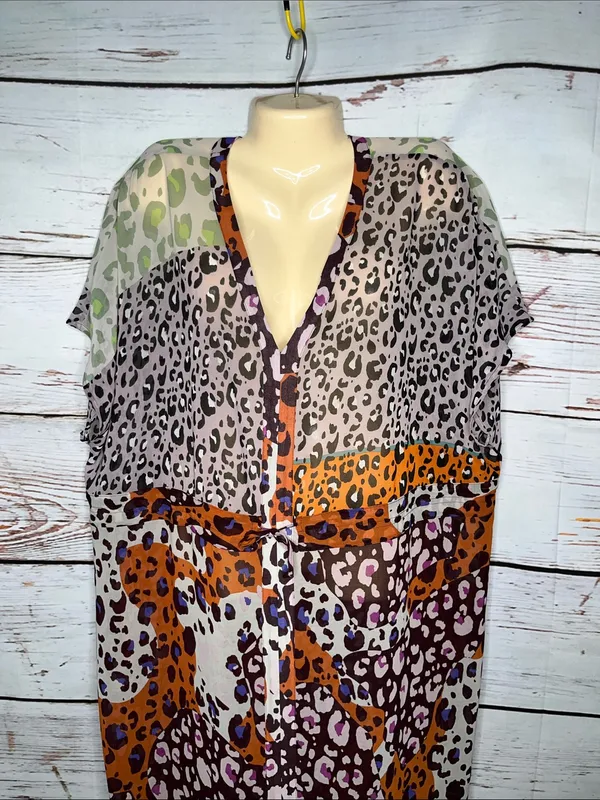 Cabi Size L Escape Animal Print V-Neck Tie Waist Sheer Midi Dress - Image 2