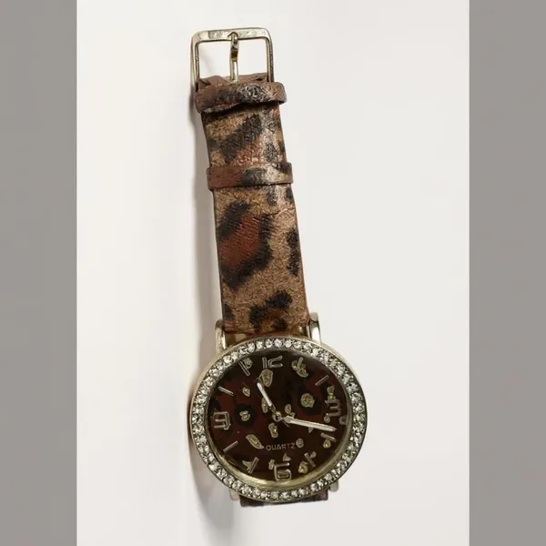Adrienne Leopard‎ Print Quartz Watch With Rhinestone Bezel & Leather Band - Image 2