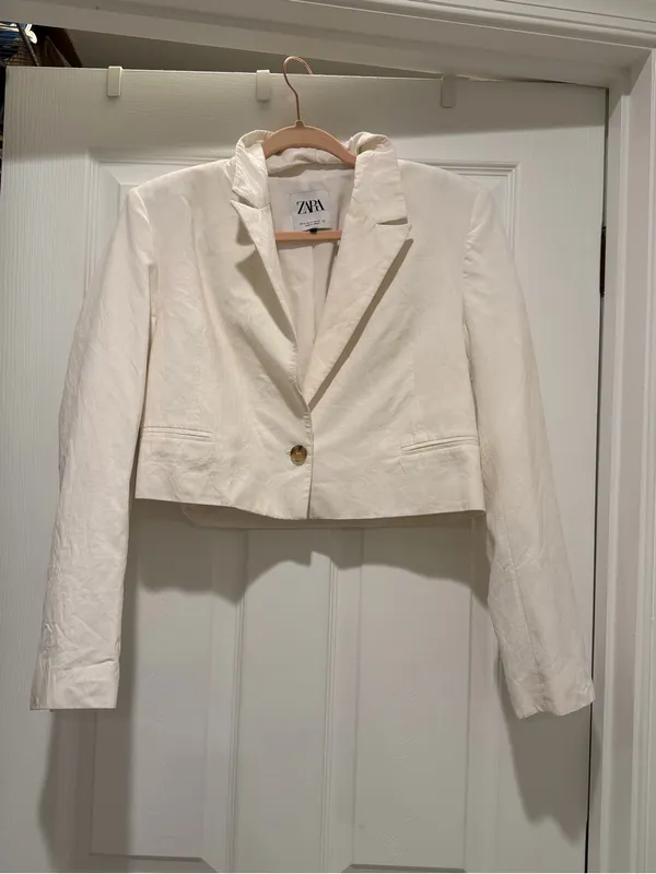 Zara linen Cropped Women's Blazer Jacket in Ivory - Image 5