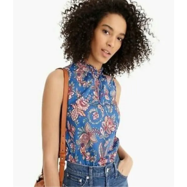 J. Crew‎ Liberty Floral Belle Ruffle Neck Top in Flora Belle Blue Multi Sz 6 - Image 2