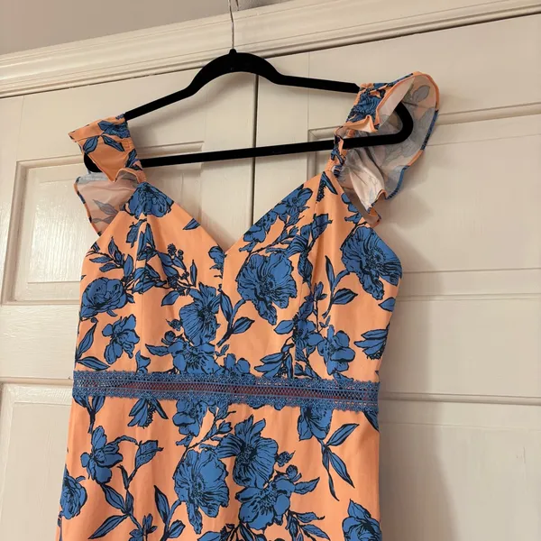 Alice + Olivia Jade Ruffled Floral Midi Dress Coral Blue Lace‎ Illusion Size 12 - Image 7
