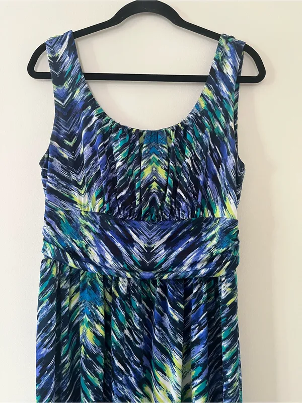 AB Studio Blue Green Abstract Maxi Dress Large Stretch Sleeveless Vacation Resort Flowy - Image 2