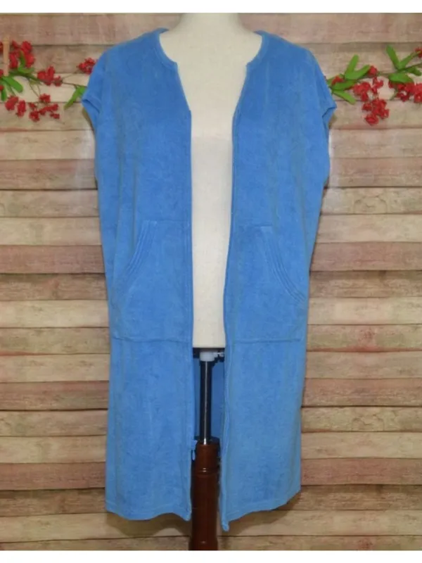 Erika Taylor Relax Blue Terry Cloth Zip Front Short Sleeve Robe Lounger Size L - Image 6