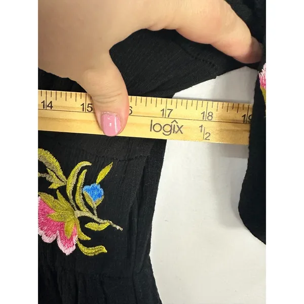 Asos Black Floral Embroidered Midi Dress 8 Button Short Sleeve Dark Cottage Boho - Image 6