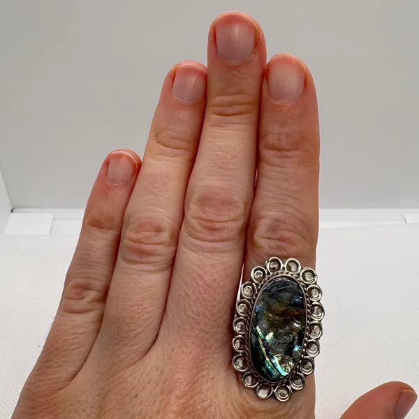 Vintage Mexican Sterling Silver Abalone Shell Statement Ring Oval Size 8‎ - Image 7