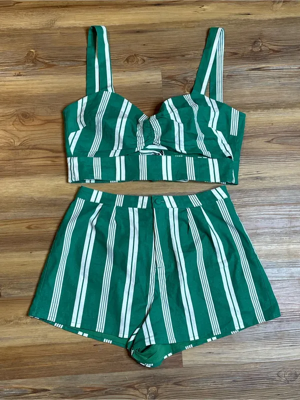 Lovers + Friends Kelly Green Stripe Linen Blend Crop Top & Shorts Set Resort M - Image 2