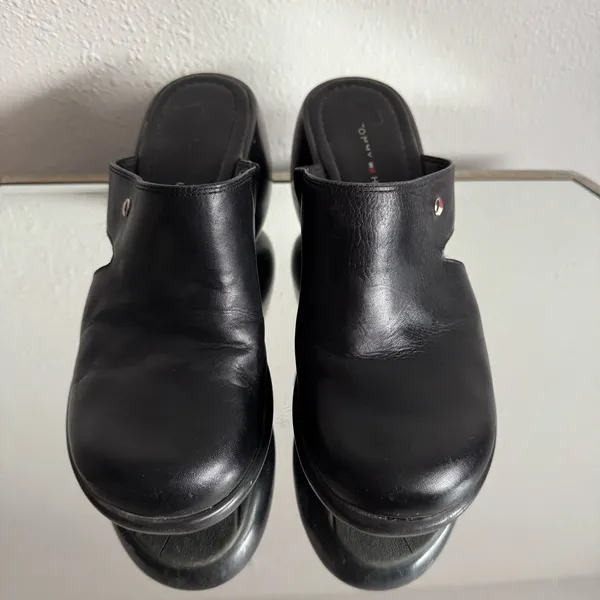 TOMMY HILFIGER Vintage 90s Y2K Black Leather Chunky Platform Slip On Clog Mules - Image 6