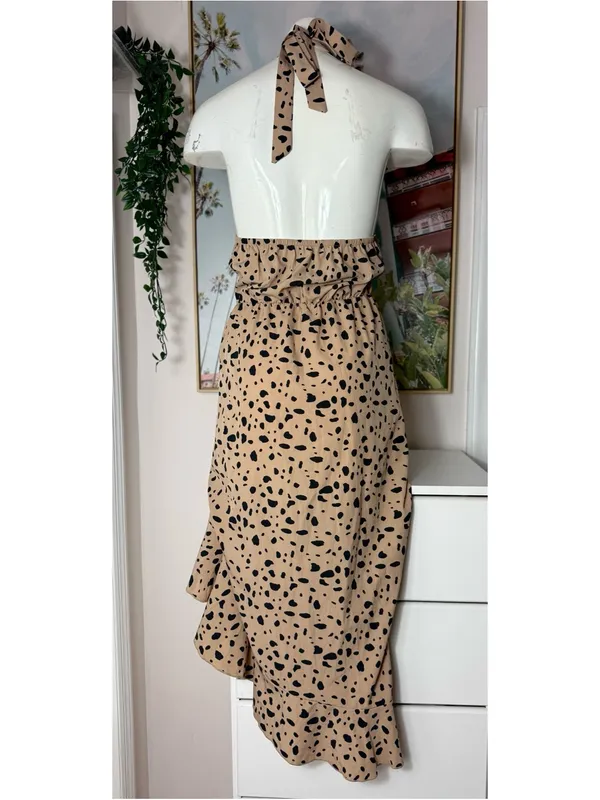 Shein Beige Black Cheetah Print Halter Ruffle Asymmetric Dress XL 12 Stretch - Image 7
